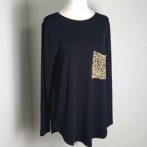 Zenana Black Longsleeve T-Shirt with Leopard Print Pocket on Front, Size Medium